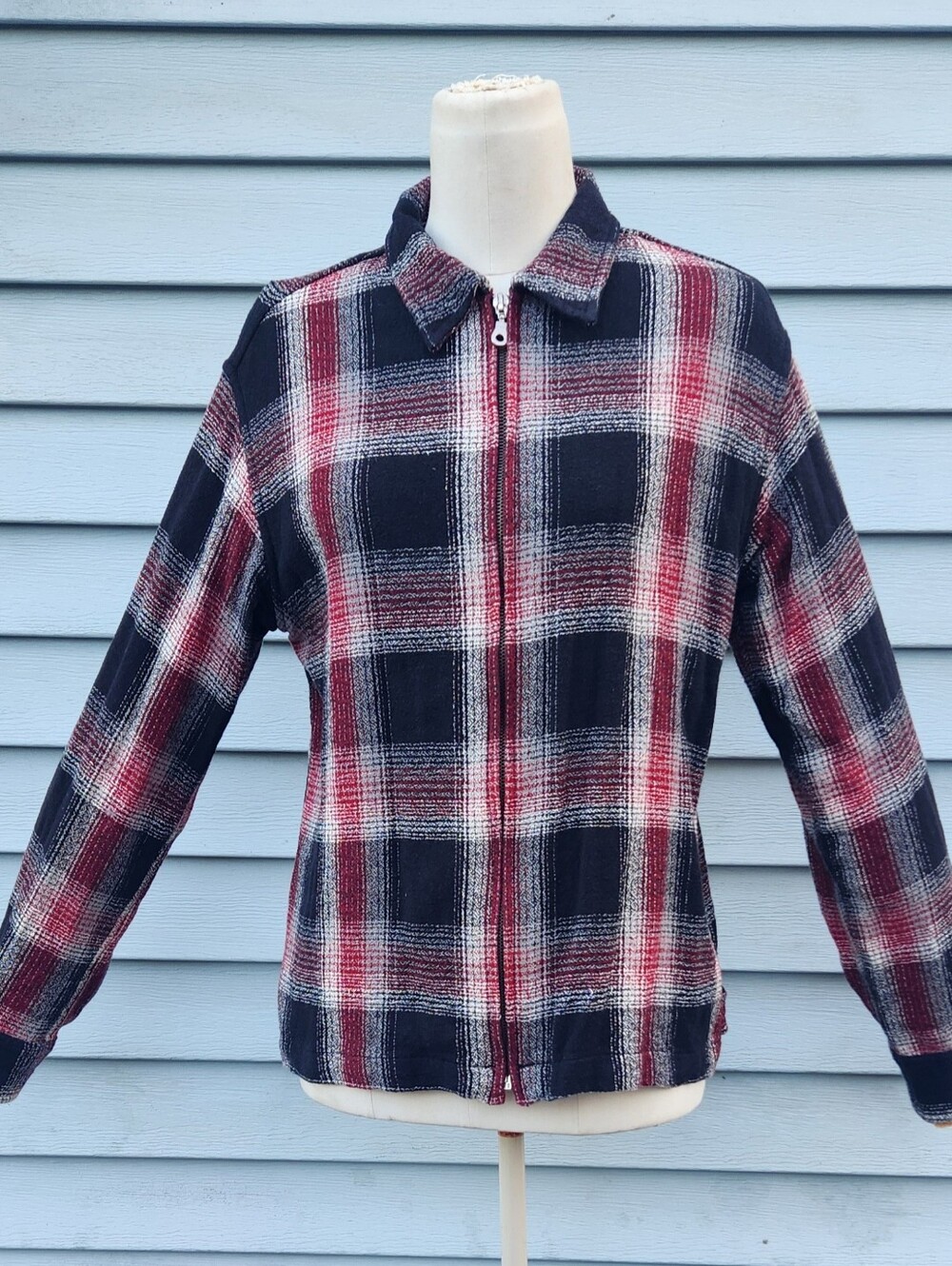 Vintage Fashion Bug Plaid L/S Full Zip-Up Jacket Blk/Red/White/Gray Size S